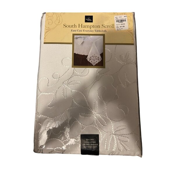 South Hampton Scroll Easy Care Tablecloth & Napkins Set 60" X 84" White Polyeste - Picture 2 of 5